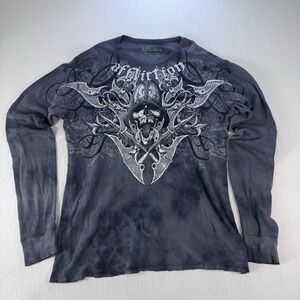 Affliction Signature Shirt Men 2XL Black Thermal Waffle Babalu Skull Helmet YK2